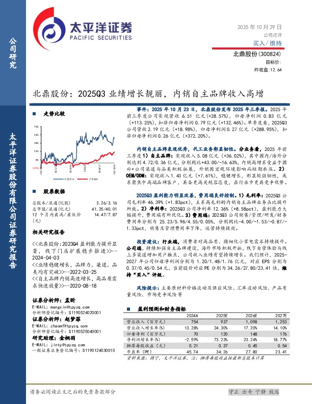 北鼎股份：2025Q3业绩增长靓丽，内销自主品牌收入高增
