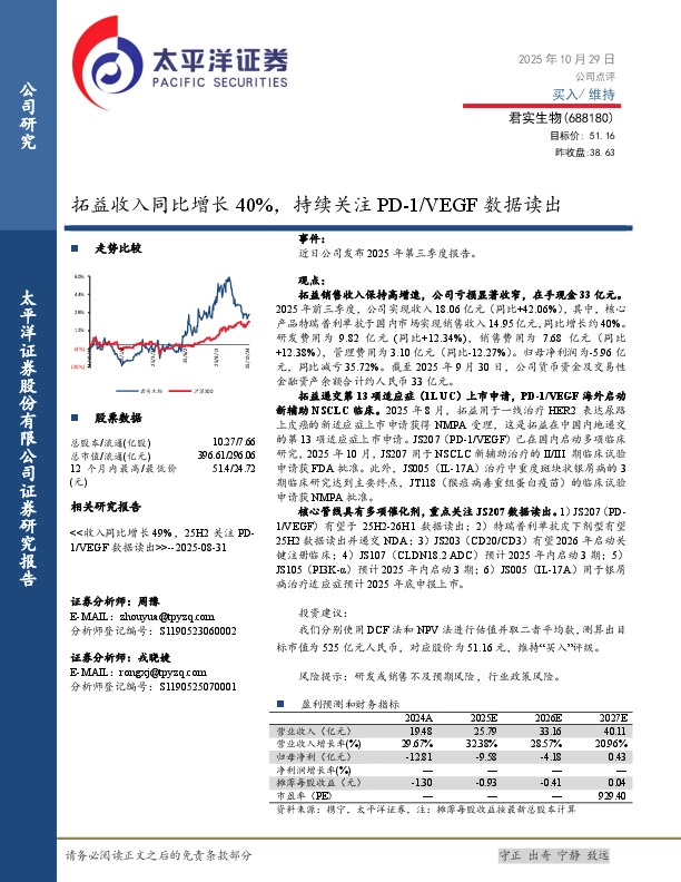 拓益收入同比增长40%，持续关注PD-1/VEGF数据读出