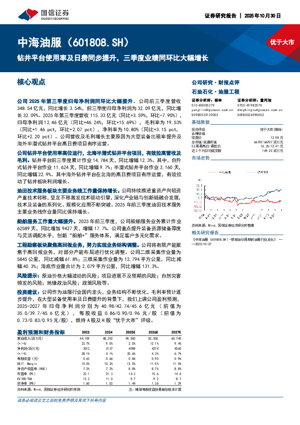 钻井平台使用率及日费同步提升，三季度业绩同环比大幅增长