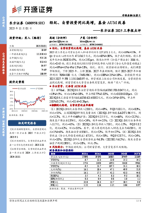 东方证券2025三季报点评：经纪、自营投资同比高增，基金AUM改善