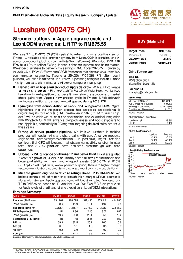 Stronger outlook in Apple upgrade cycle andLeoni/ODM synergies; Lift TP to RMB75.55