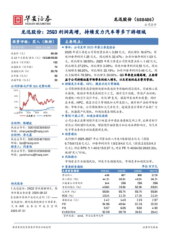 龙迅股份：25Q3利润高增，持续发力汽车等多下游领域