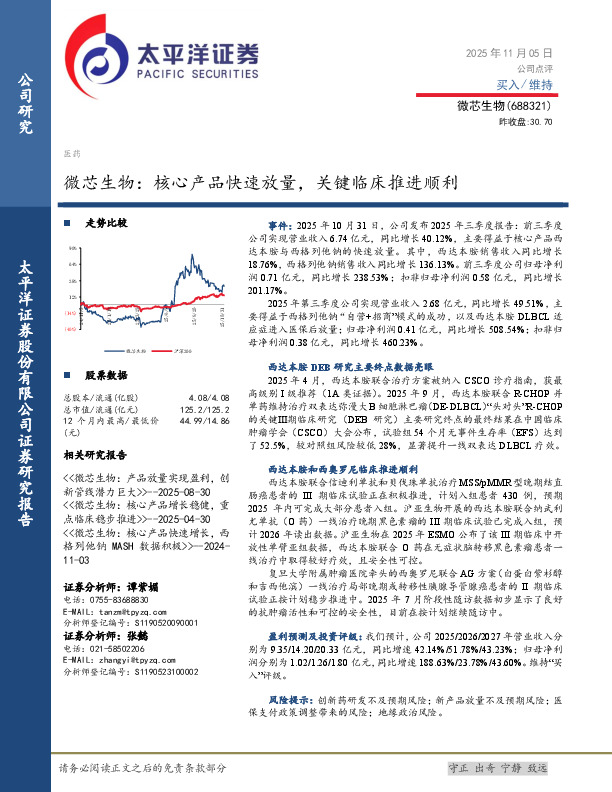 微芯生物：核心产品快速放量，关键临床推进顺利