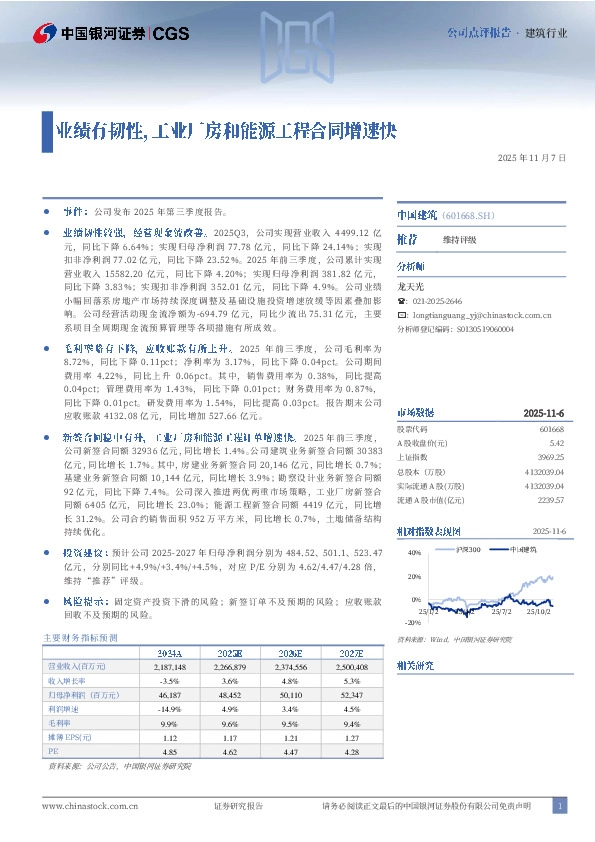 业绩有韧性，工业厂房和能源工程合同增速快