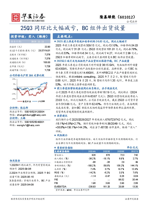 25Q3同环比大幅减亏，BC组件出货放量