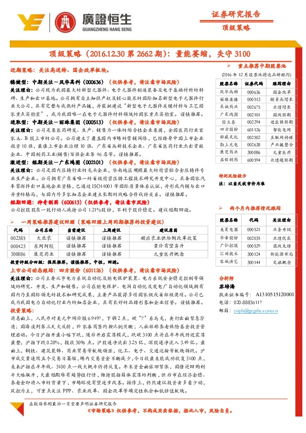 顶级策略(2016.12.30第2662期):量能萎缩,失守3100