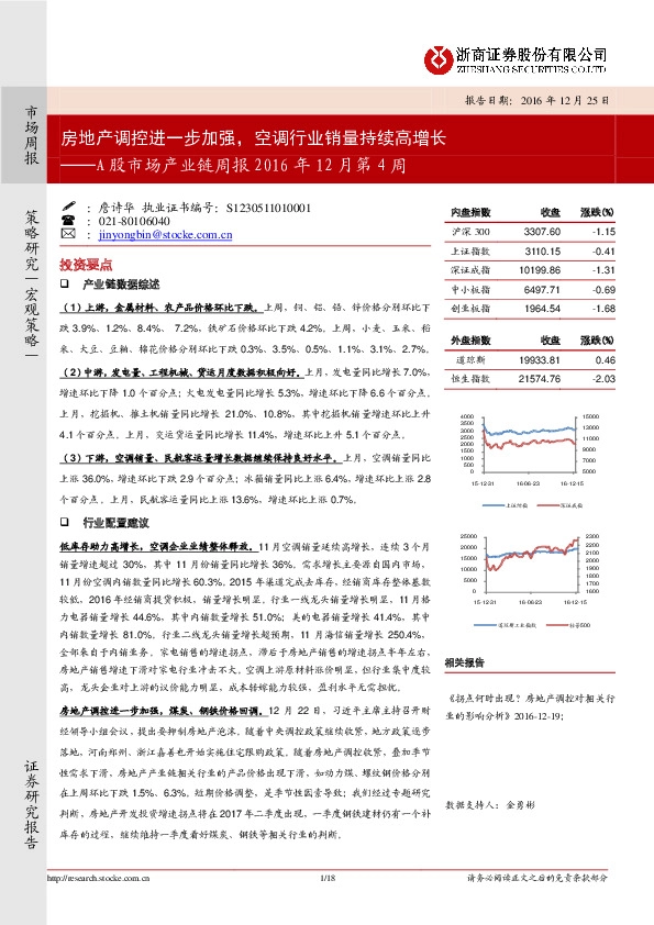 A股市场产业链周报2016年12月第4周:房地产调控进一步加强,空调行业销量持续高增长