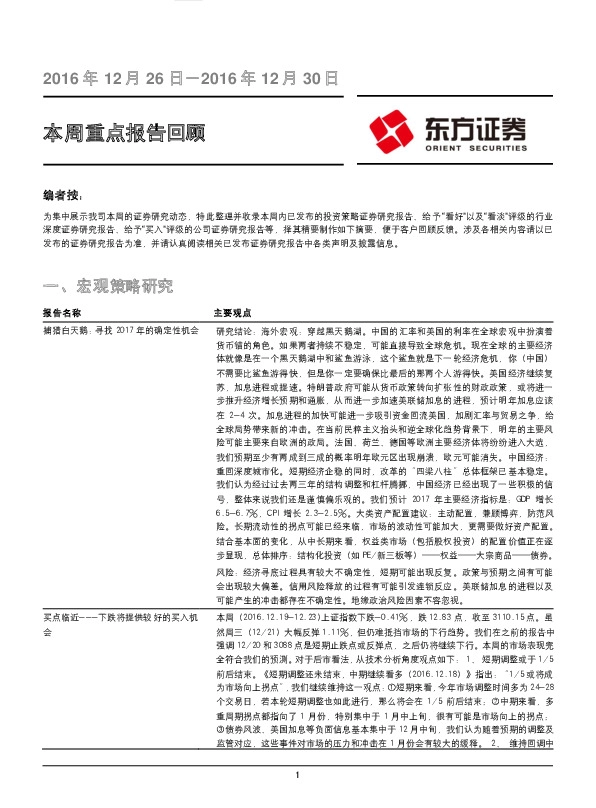 本周重点报告回顾