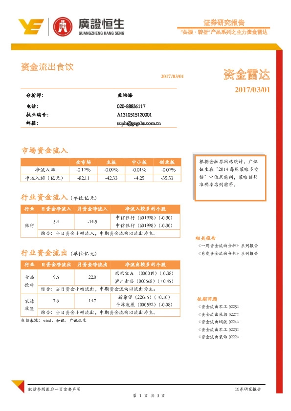 资金雷达:资金流出食饮