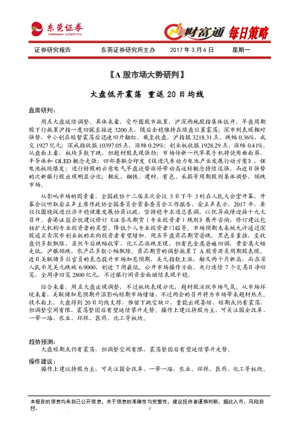 财富通每日策略:大盘低开震荡 重返20日均线
