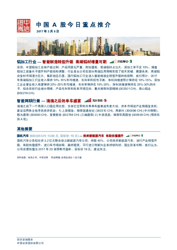 中国A股今日重点推介