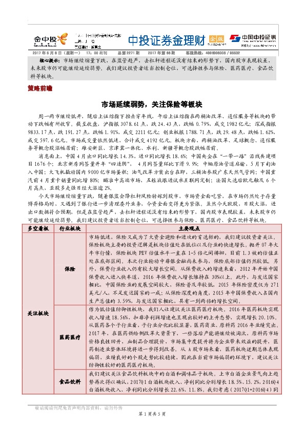 策略前瞻:市场延续弱势,关注保险等板块