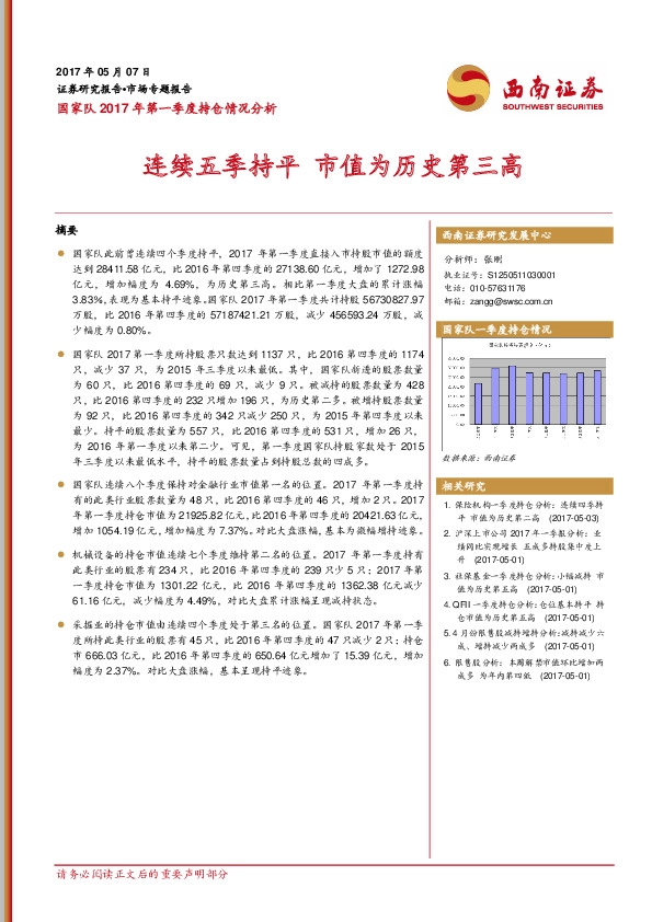 国家队2017年第一季度持仓情况分析:连续五季持平 市值为历史第三高