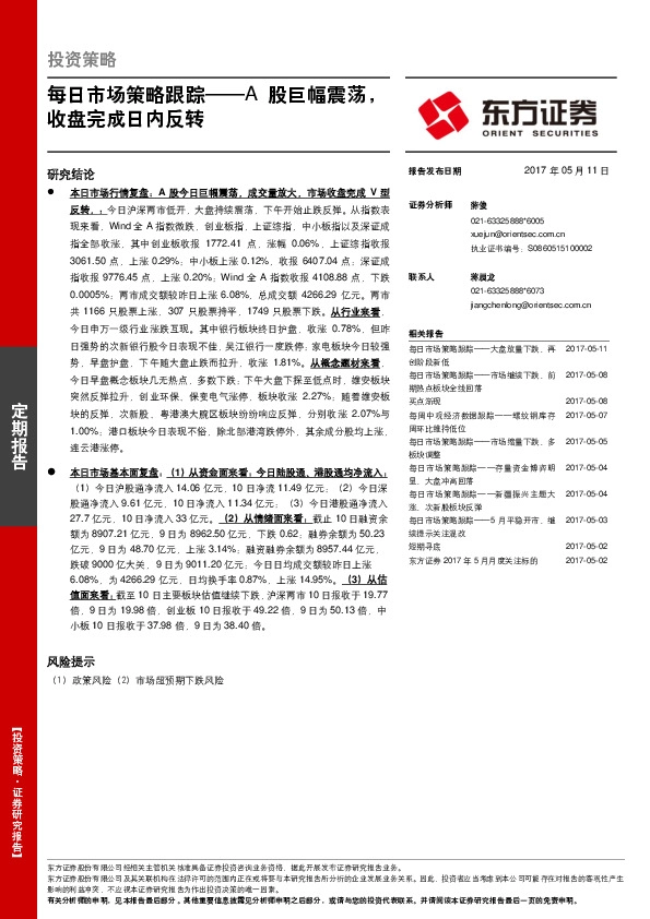 每日市场策略跟踪:A股巨幅震荡,收盘完成日内反转