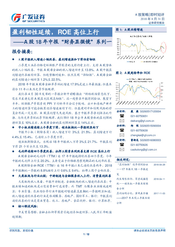 A股18年中报“财务显微镜”系列一：盈利韧性延续，ROE高位上行