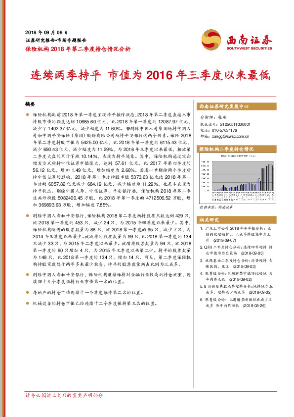 保险机构2018年第二季度持仓情况分析：连续两季持平 市值为2016年三季度以来最低