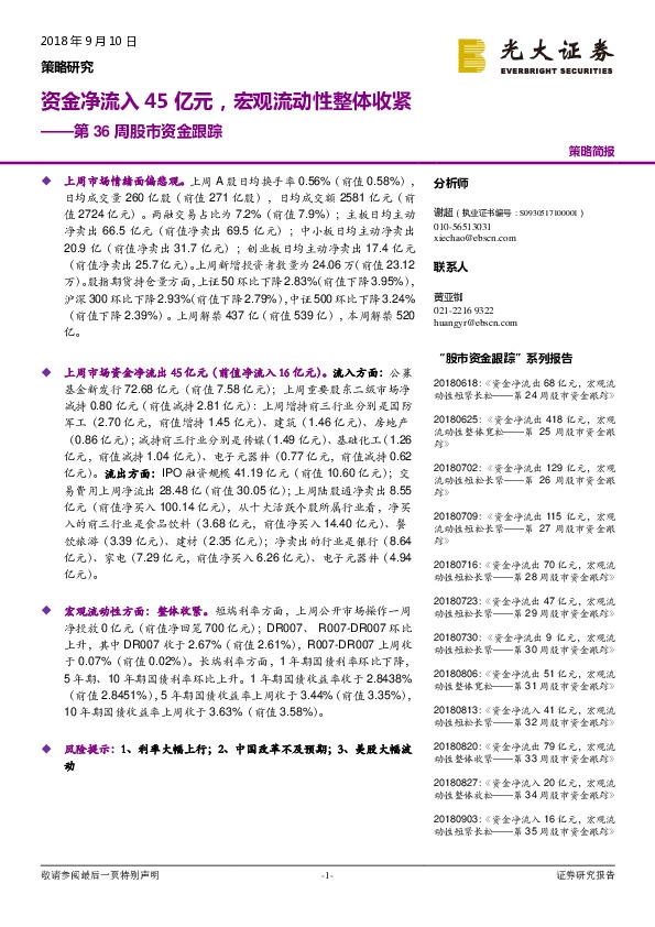 第36周股市资金跟踪：资金净流入45亿元，宏观流动性整体收紧