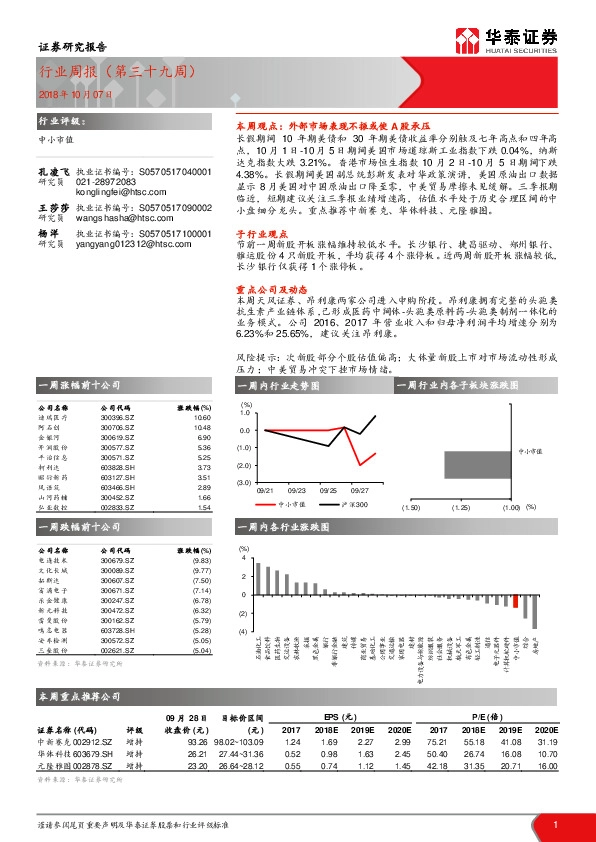 中小市值行业周报（第三十九周）