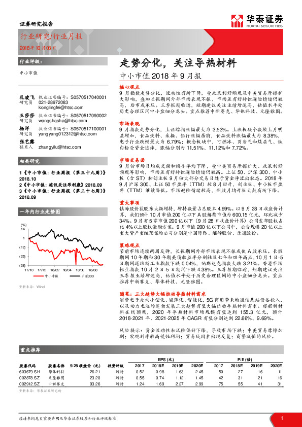 中小市值2018年9月报：走势分化，关注导热材料