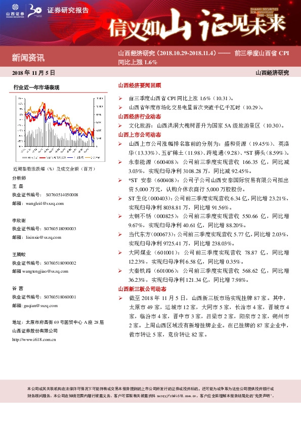 经济研究：前三季度山西省CPI同比上涨1.6%
