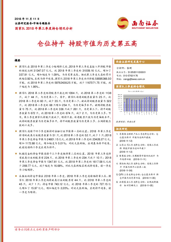 国家队2018年第三季度持仓情况分析：仓位持平 持股市值为历史第五高