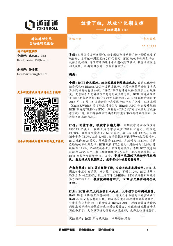 区块链周报：放量下挫，跌破中长期支撑