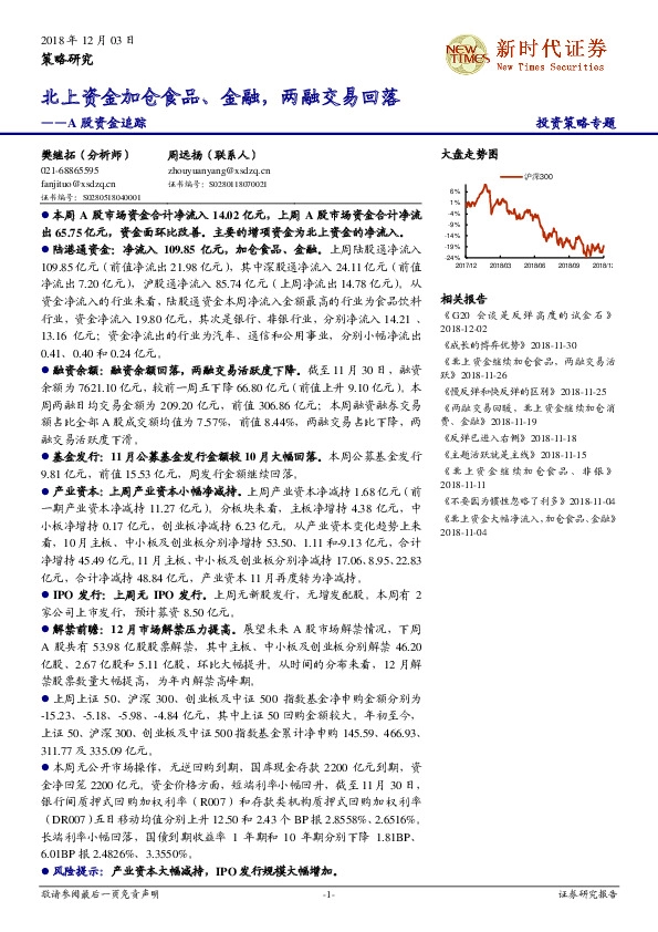 A股资金追踪：北上资金加仓食品、金融，两融交易回落