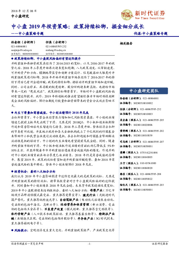 中小盘策略专题：中小盘2019年投资策略：政策持续松绑，掘金细分成长