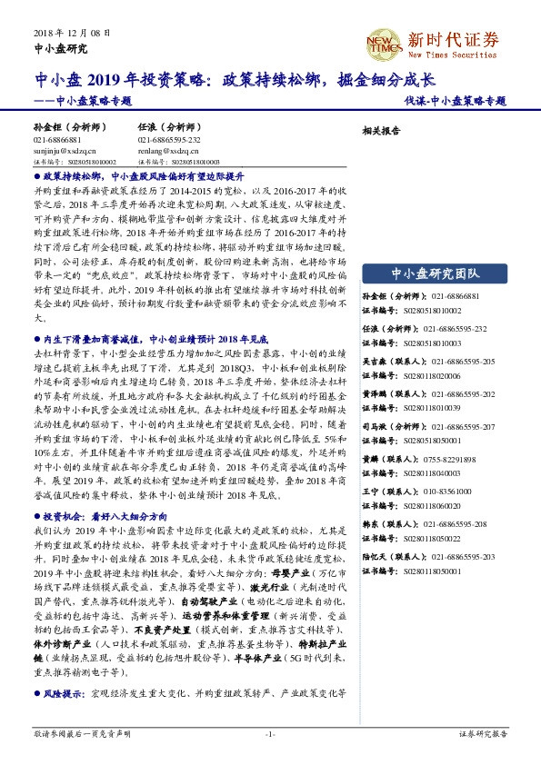 中小盘策略专题：中小盘2019年投资策略：政策持续松绑，掘金细分成长