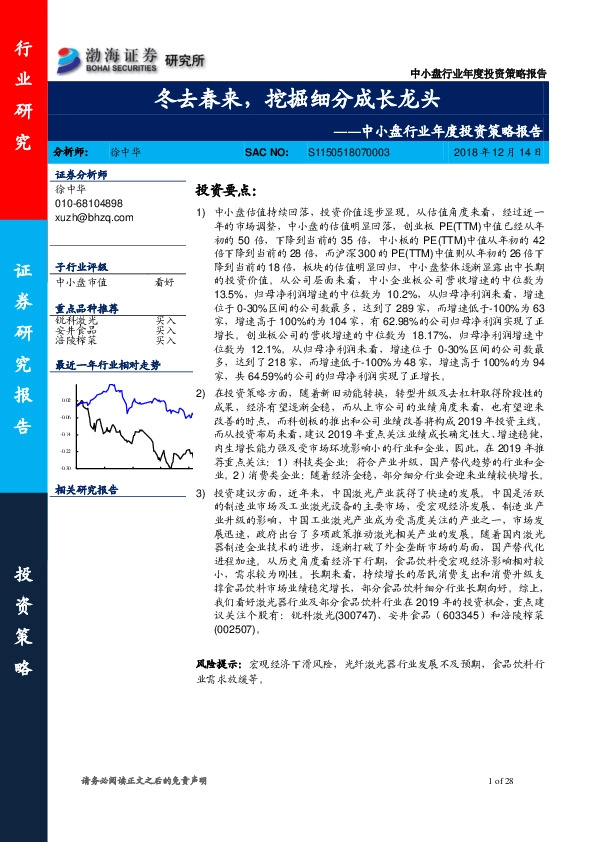 中小盘行业年度投资策略报告：冬去春来，挖掘细分成长龙头