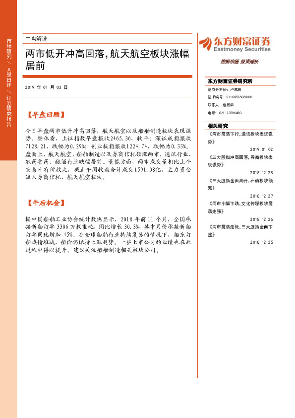 午盘解读：两市低开冲高回落，航天航空板块涨幅居前