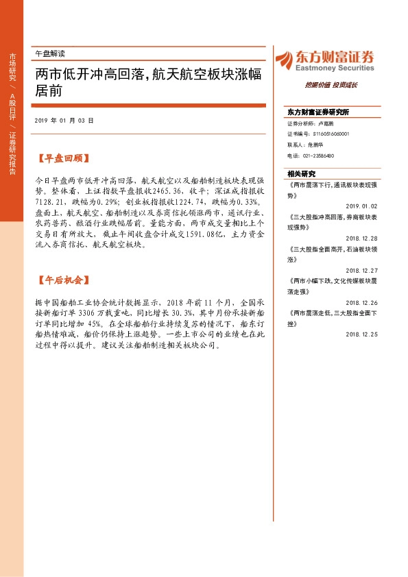 午盘解读：两市低开冲高回落，航天航空板块涨幅居前