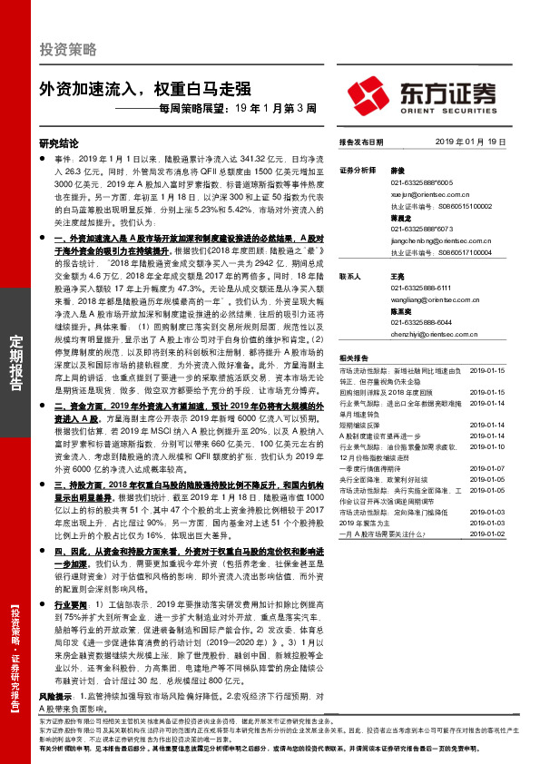 每周策略展望：19年1月第3周：外资加速流入，权重白马走强