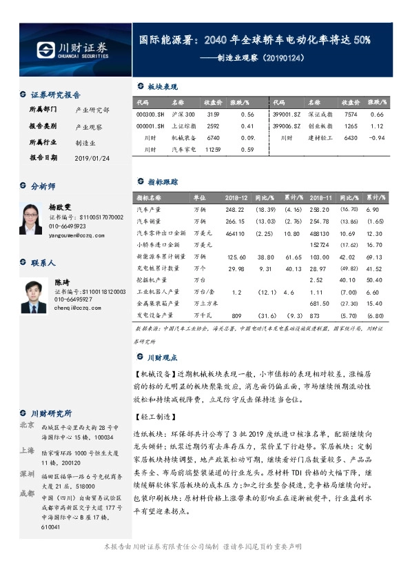 制造业观察：国际能源署：2040年全球轿车电动化率将达50%