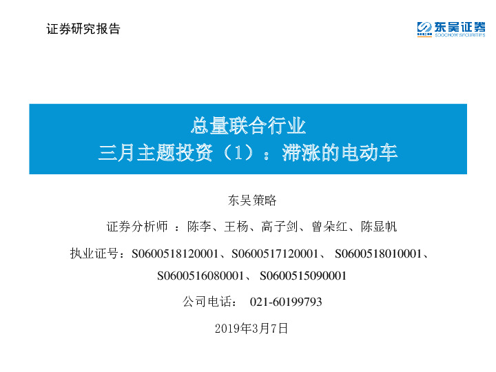 总量联合行业：三月主题投资（1）：滞涨的电动车