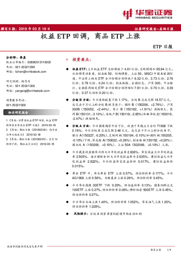 ETP日报：权益ETP回调，商品ETP上涨