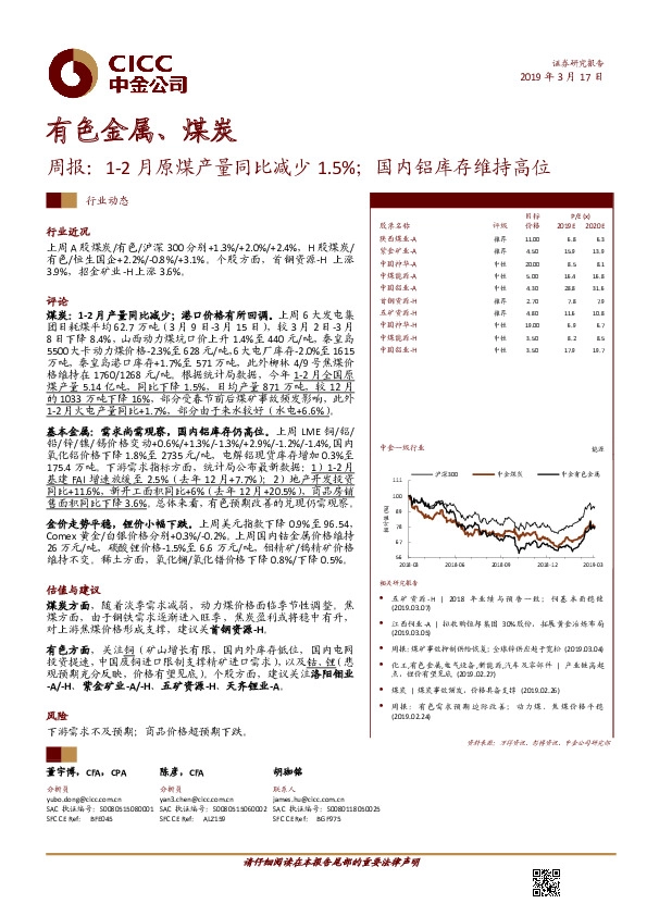 有色金属、煤炭周报：1-2月原煤产量同比减少1.5%；国内铝库存维持高位