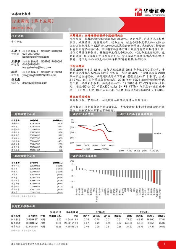 中小市值行业周报（第十五周）