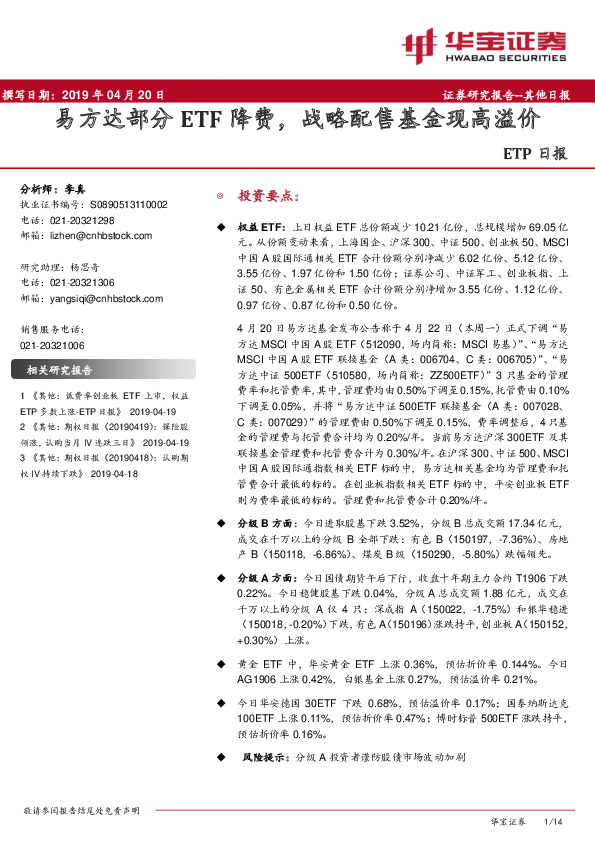 ETP日报：易方达部分ETF降费，战略配售基金现高溢价