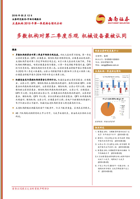 五类机构2019年第一季度持仓情况分析：多数机构对第二季度乐观 机械设备最被认同