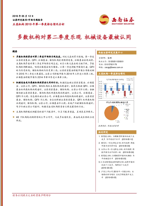 五类机构2019年第一季度持仓情况分析：多数机构对第二季度乐观 机械设备最被认同