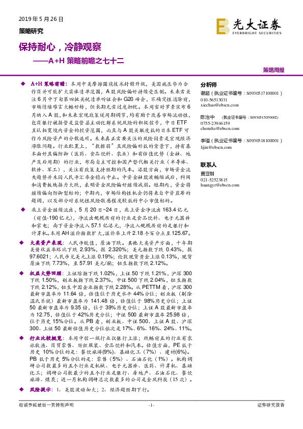 A+H策略前瞻之七十二：保持耐心，冷静观察