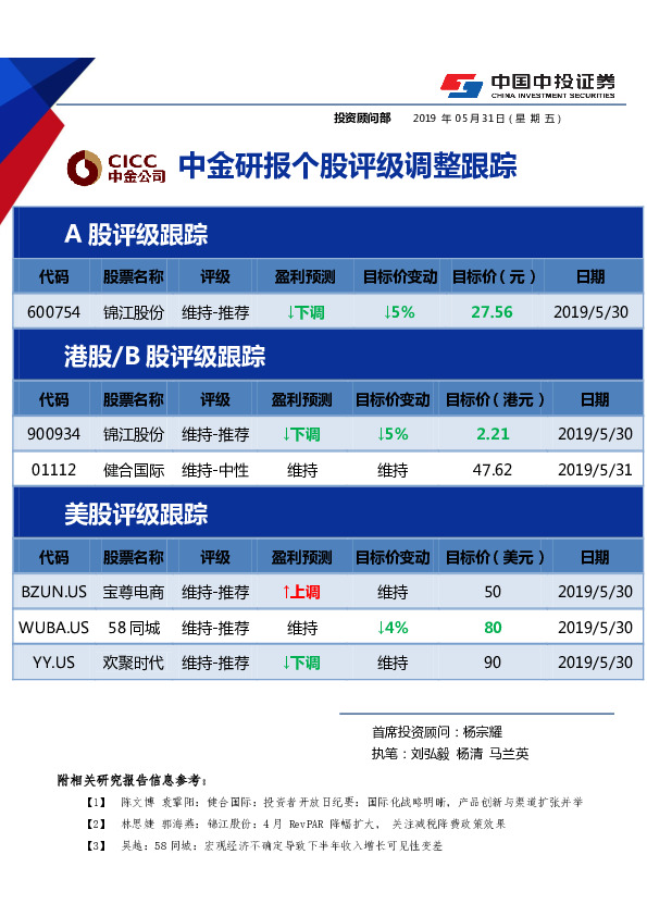 中金研报个股评级调整跟踪