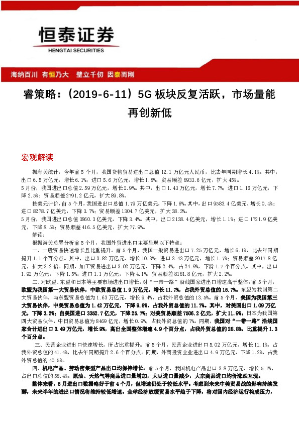 睿策略：5G板块反复活跃，市场量能再创新低