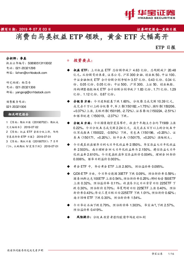 ETP日报：消费白马类权益ETP领跌，黄金ETF大幅高开