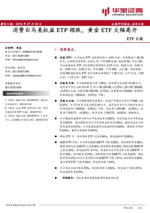 ETP日报：消费白马类权益ETP领跌，黄金ETF大幅高开