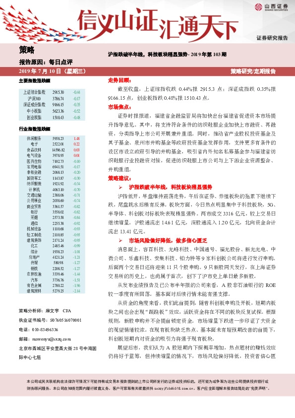 2019年第103期：沪指跌破半年线，科技板块稍显强