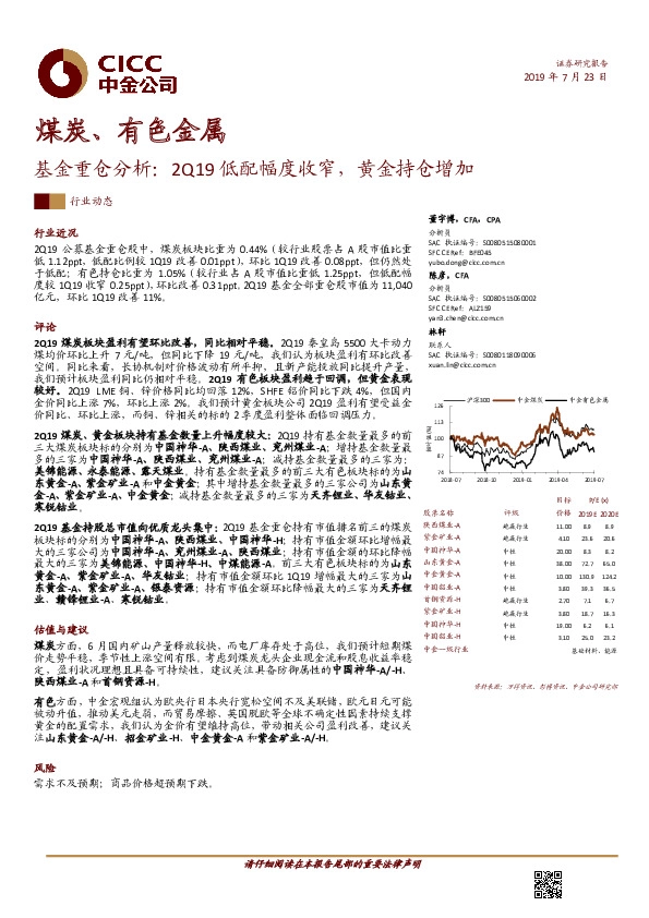 煤炭、有色金属：基金重仓分析：2Q19低配幅度收窄，黄金持仓增加