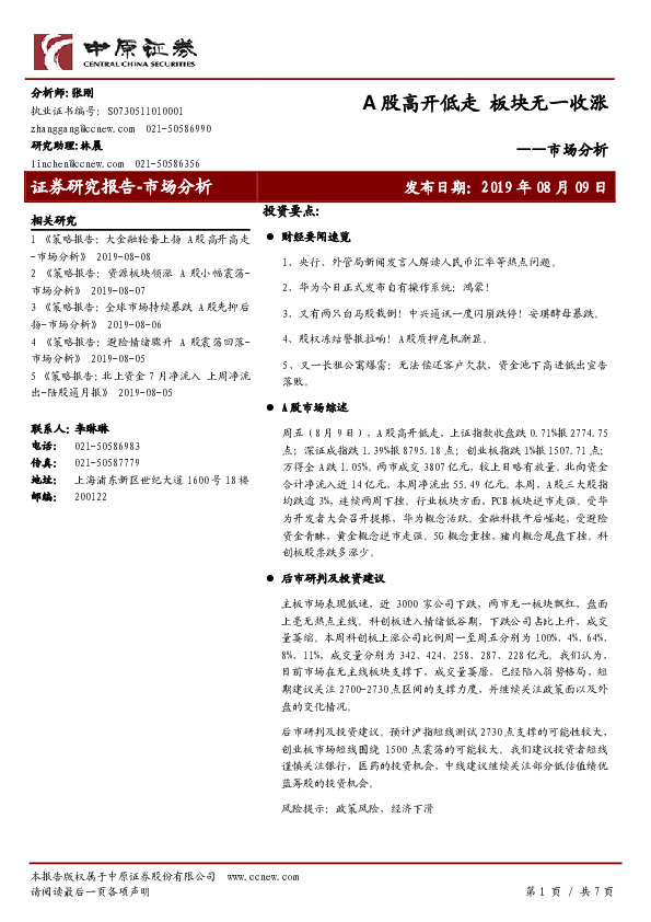 市场分析：A股高开低走 板块无一收涨