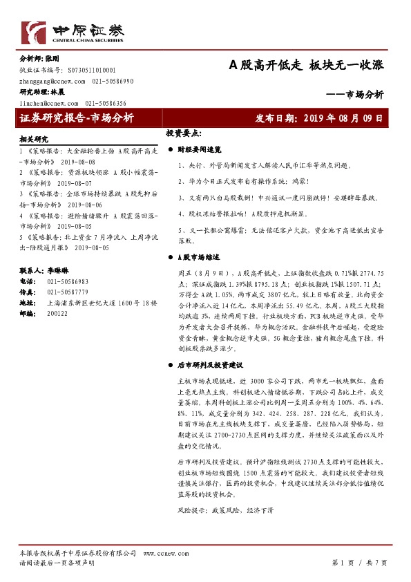 市场分析：A股高开低走 板块无一收涨